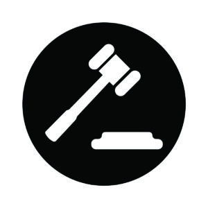 Artwork of white hammer and gavel circumscribed in a black circle