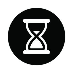 Artwork of a white hourglass circumscribed in a black circle