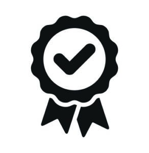 Black and white artwork of an award ribbon and a badge with check mark at the center